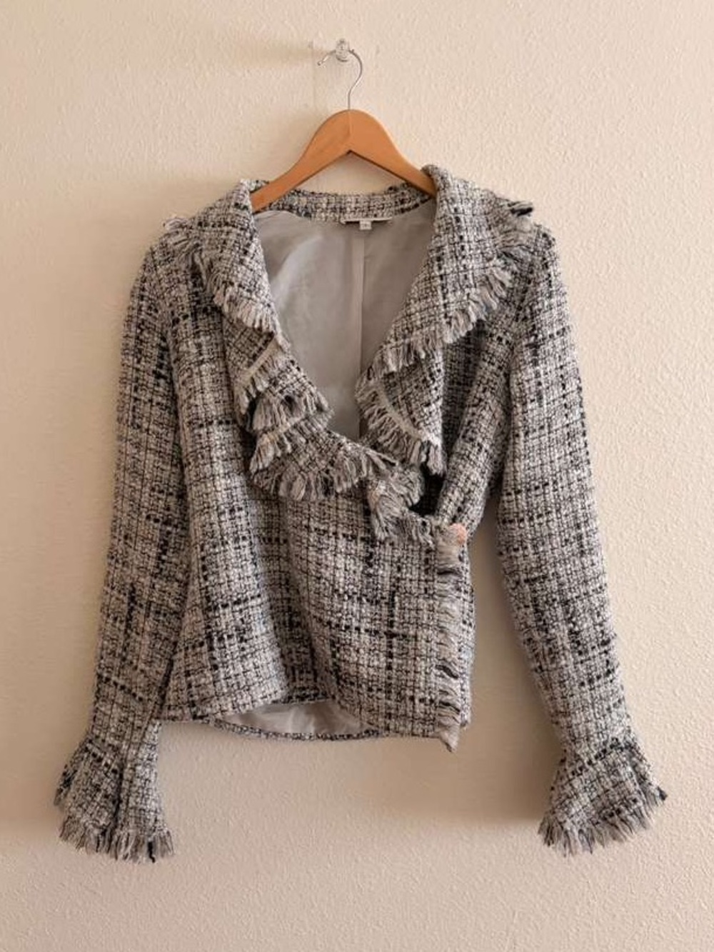 Anne Fontaine Ruffled White & Black Tweed Jacket